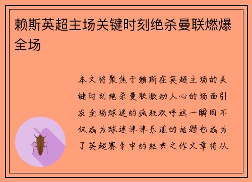 赖斯英超主场关键时刻绝杀曼联燃爆全场 赖斯英超主场关键时刻绝杀曼联燃爆全场